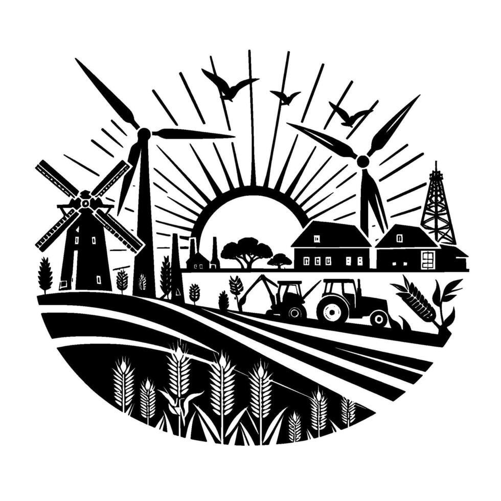 A monochrome landscape illustration depicting a circular farm scene with windmills, a traditional windmill, a rising sun, buildings, farmlands, wheat, trees, birds and machines. vector