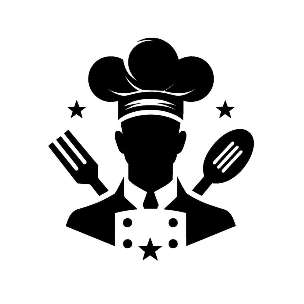 Silhouette of a chef with kitchen tools, stars, and a classic chefs hat in black and white. a culinary emblem. vector