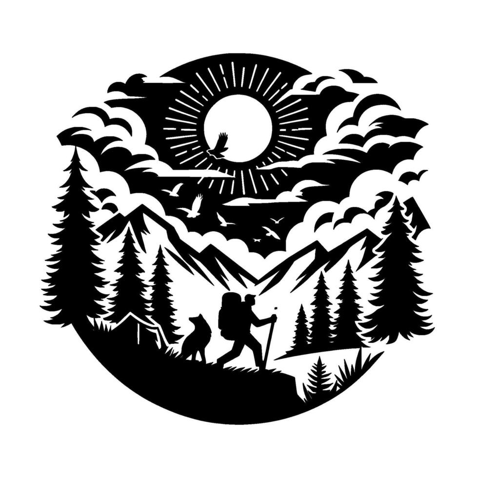 Silhouette of hiker with dog, mountains, forest, sun, and birds in a circular composition, depicting wilderness adventure. vector
