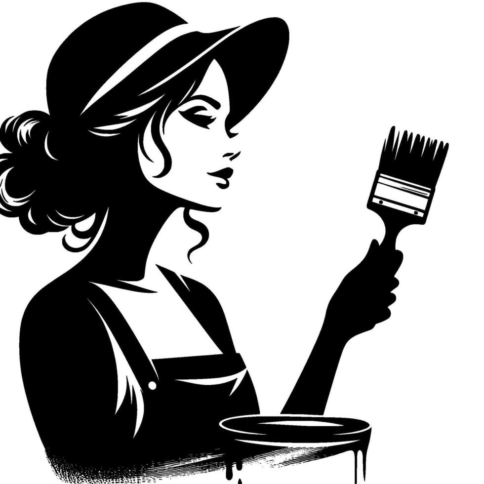 Elegant silhouette of a woman in a hat, holding a paintbrush and can, imbued with artistic flair in monochrome. vector