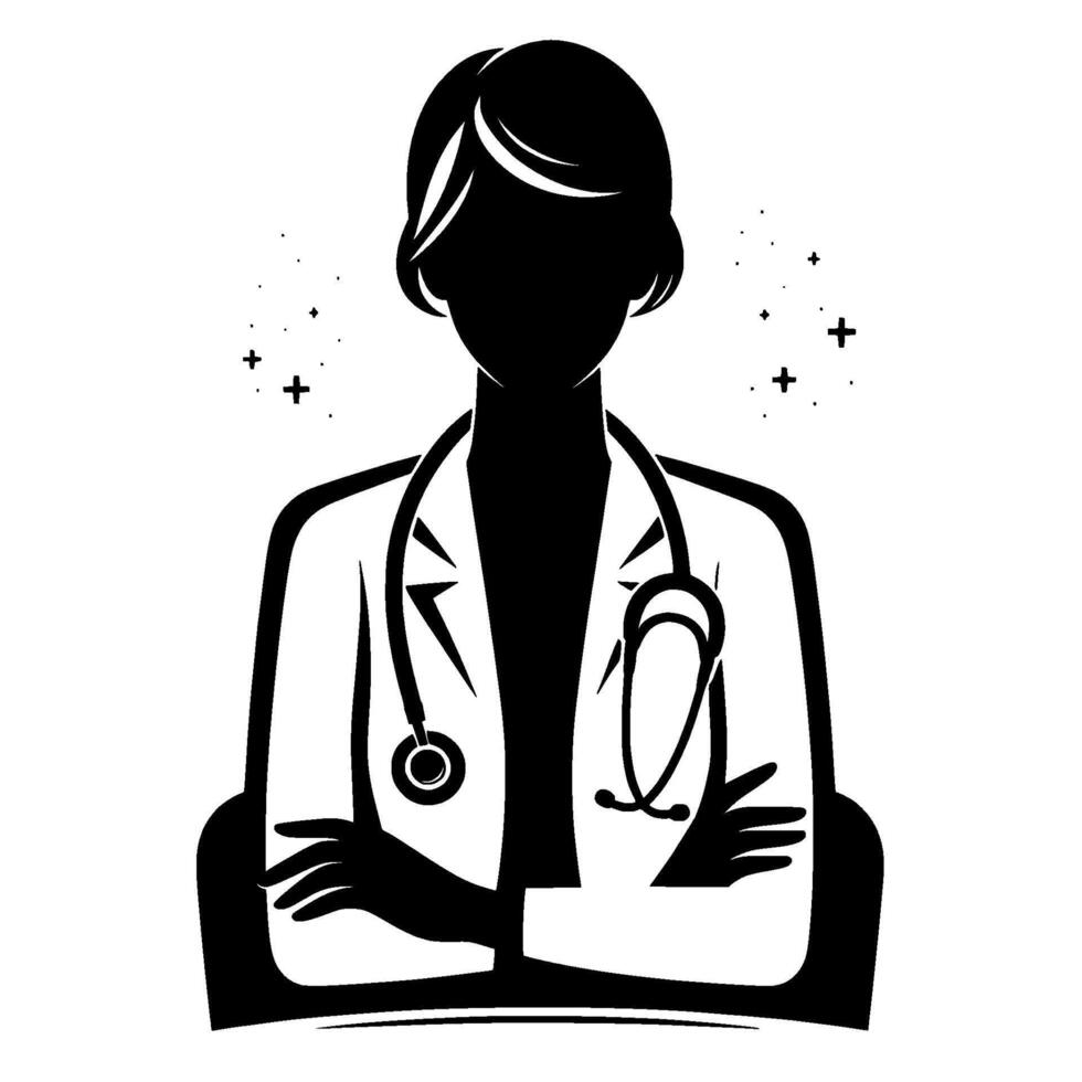 Silhouette of a female doctor in a white coat, arms crossed, with stethoscope and starlike embellishments. vector