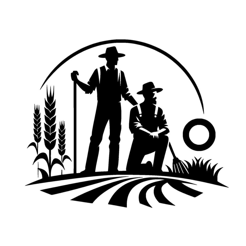Silhouette of two farmers in a field with wheat, a barn symbol, arc symbolizing the sun or horizon, classic farming vector