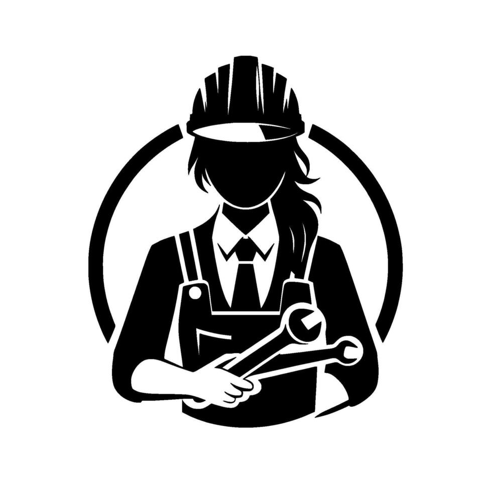Silhouette of a female construction worker in overalls, hard hat, and tie, holding wrenches within a circular frame, emblem of skill. vector