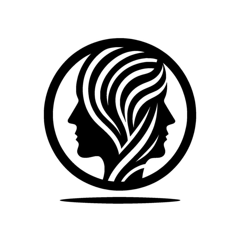A minimalist black and white featuring two facing silhouettes of female profiles within a circle, connected by stylized, flowing lines representing hair or thought. vector