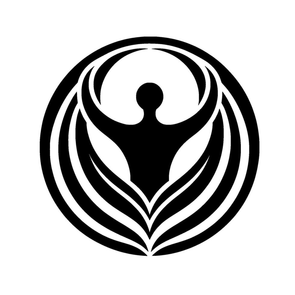 A minimalist of a human figure with outstretched arms encircled by stylized arcs and leaflike forms, creating a harmonious, abstract design. vector