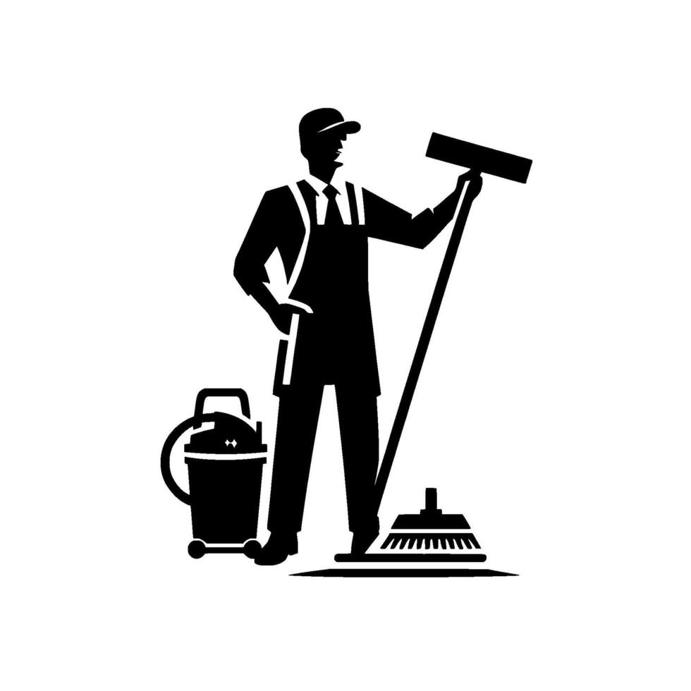 Minimalist black and white silhouette of a janitor with cleaning tools, featuring a vacuum, squeegee, and broom in a clean, professional depiction. vector