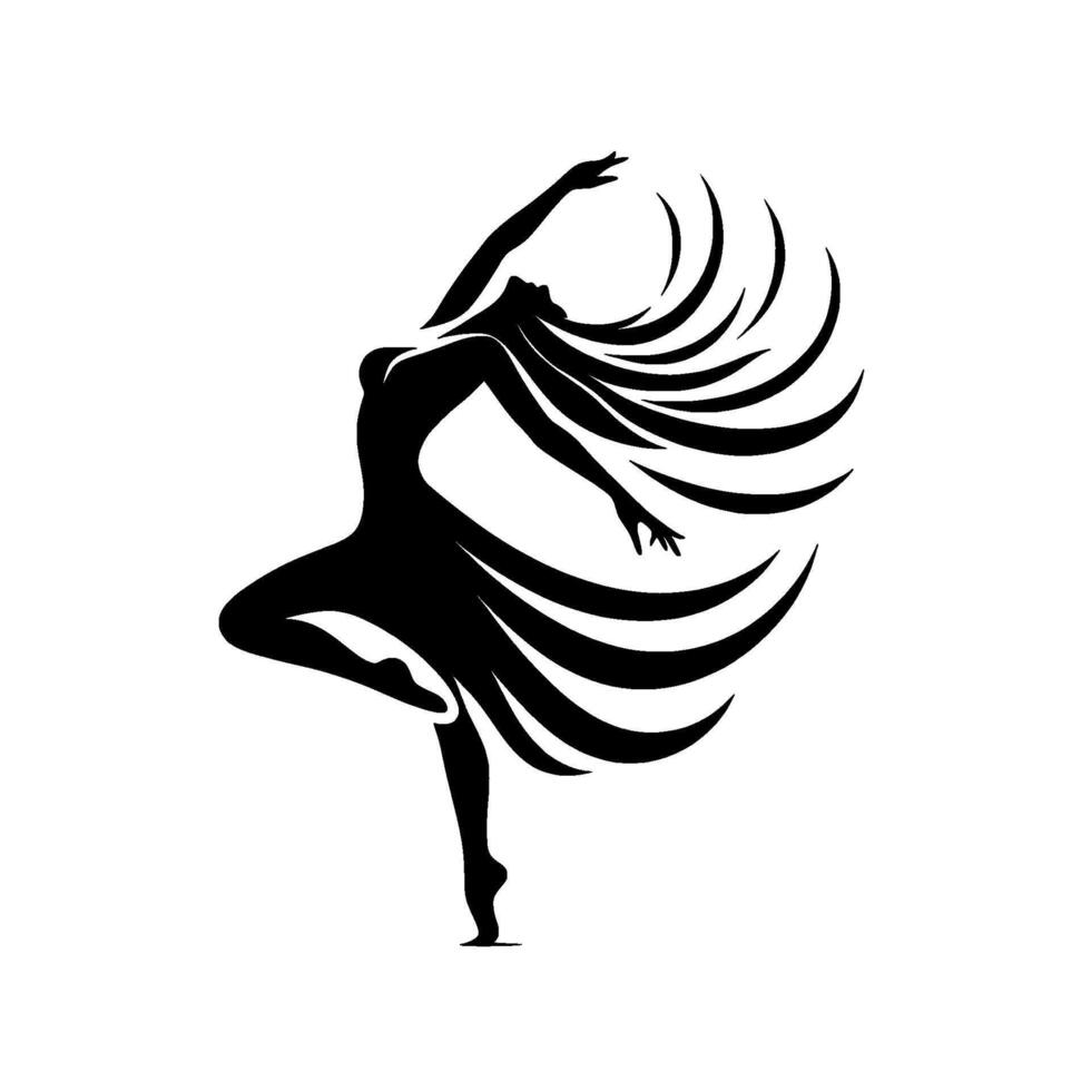 Elegant silhouette of a ballerina in motion, black and white graphic, flowing hair and dress, expressing grace and artistic movement vector