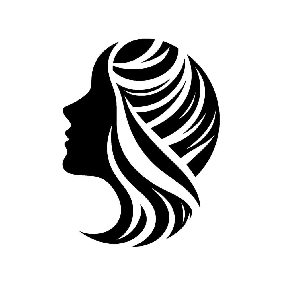 Elegant black silhouette of a womans profile with flowing, abstract hair, set against a clean white backdrop, exuding modern beauty. vector