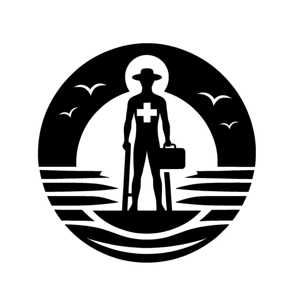 Silhouette of a medical professional with a cross emblem, holding a case and staff, framed in a circular with seagulls and stylized water, symbolizing coastal aid. vector