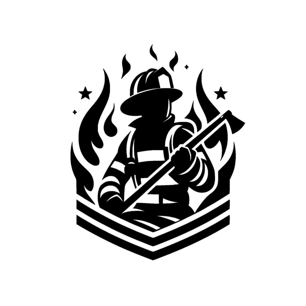 Bold black and white silhouette a firefighter heroically holding an axe amidst flames stars in a shieldlike badge. vector