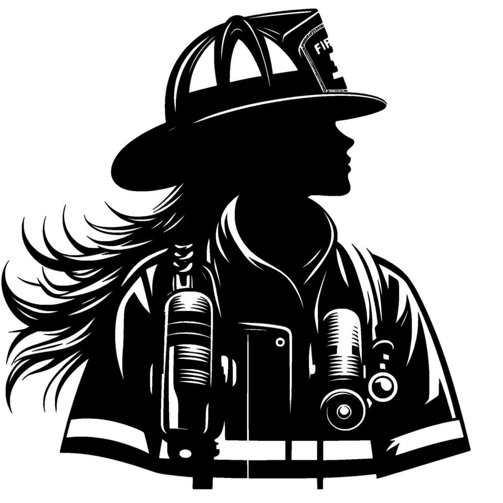 Silhouette of a female firefighter, in profile, wearing a helmet and gear, with flowing hair. vector