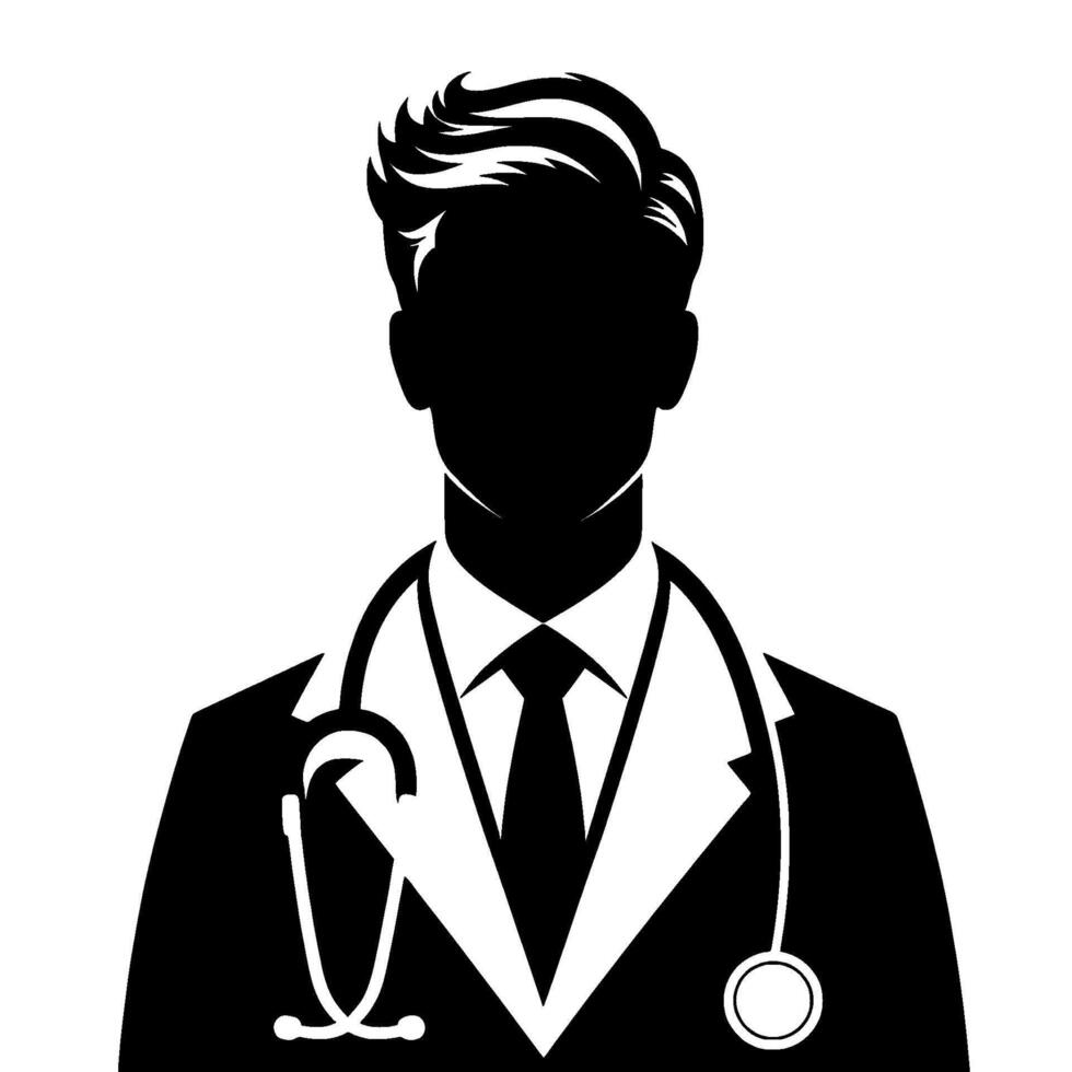 Silhouette of a professional doctor a minimalist black and white illustration featuring a doctor wearing a stethoscope, suit and tie. vector