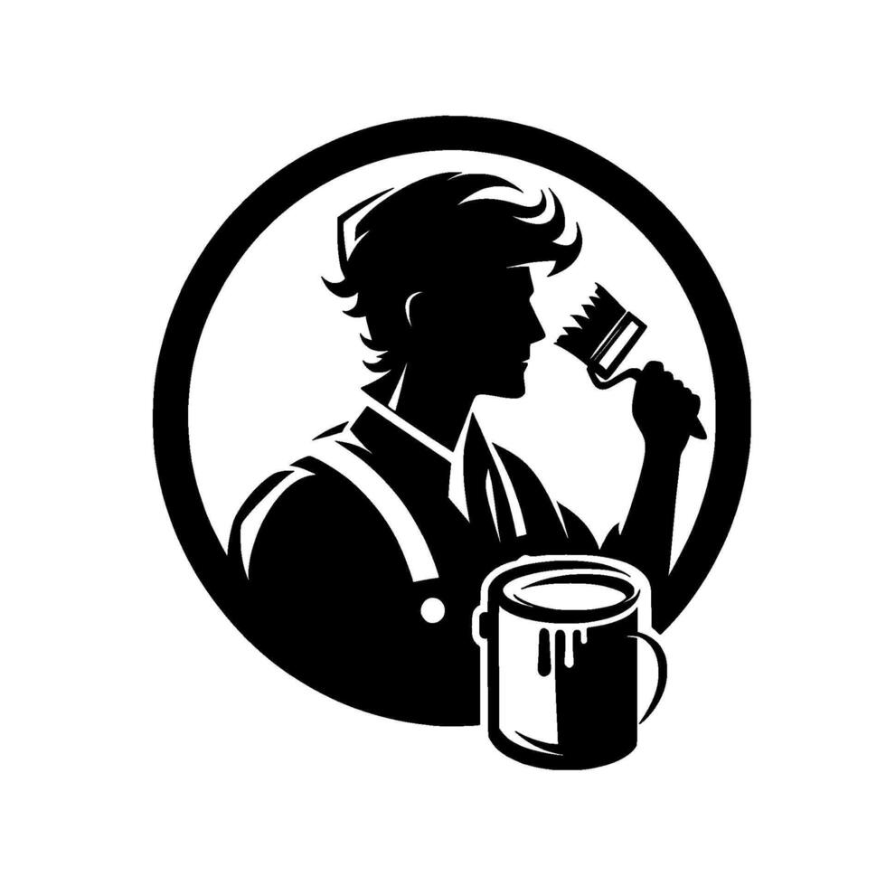 Silhouette of a painter within a circle holding a paintbrush and standing next to a paint can, showcasing professional decoration. vector