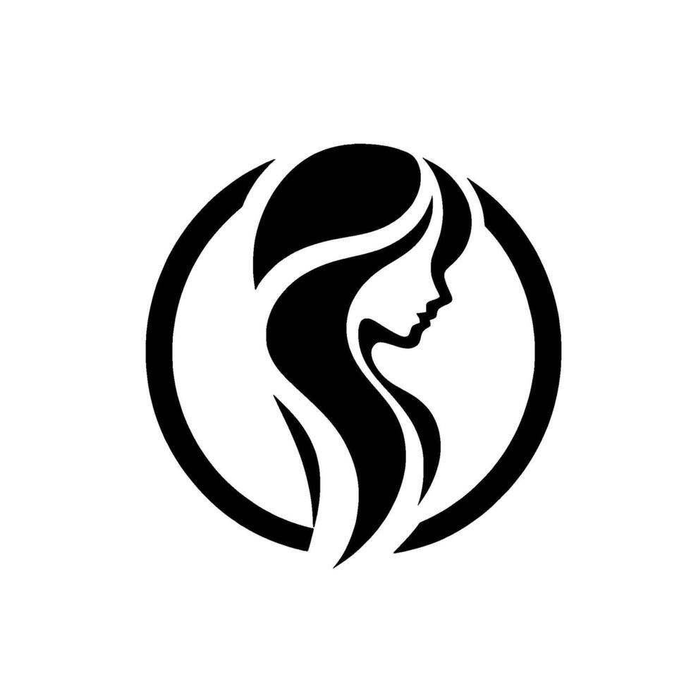 Elegant silhouette of a woman with flowing hair, enclosed within a circle, minimalist design, black and white composition. vector