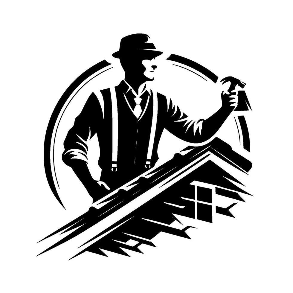 Silhouette of a stylish roofer in a hat and suspenders, wielding a hammer above a stylized roof against a white background. vector