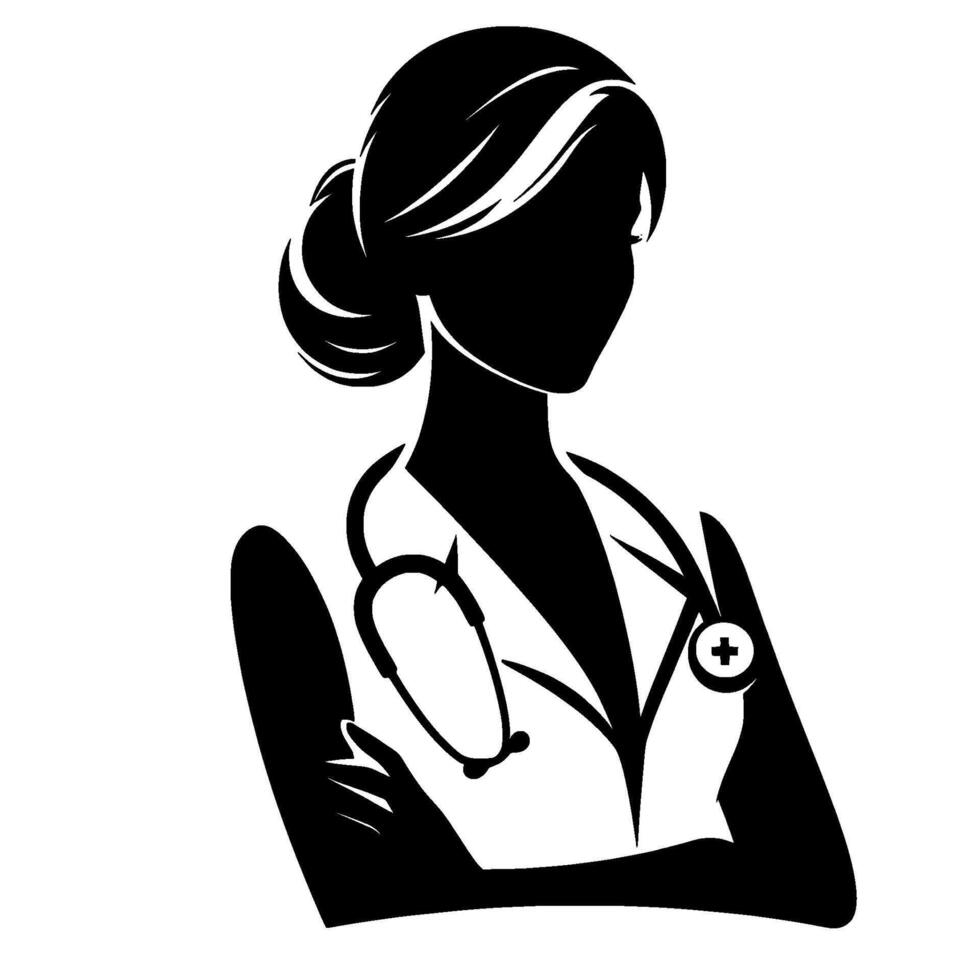 Elegant silhouette of a female doctor a bw illustration depicting a confident healthcare professional with stethoscope and crossed arms. vector