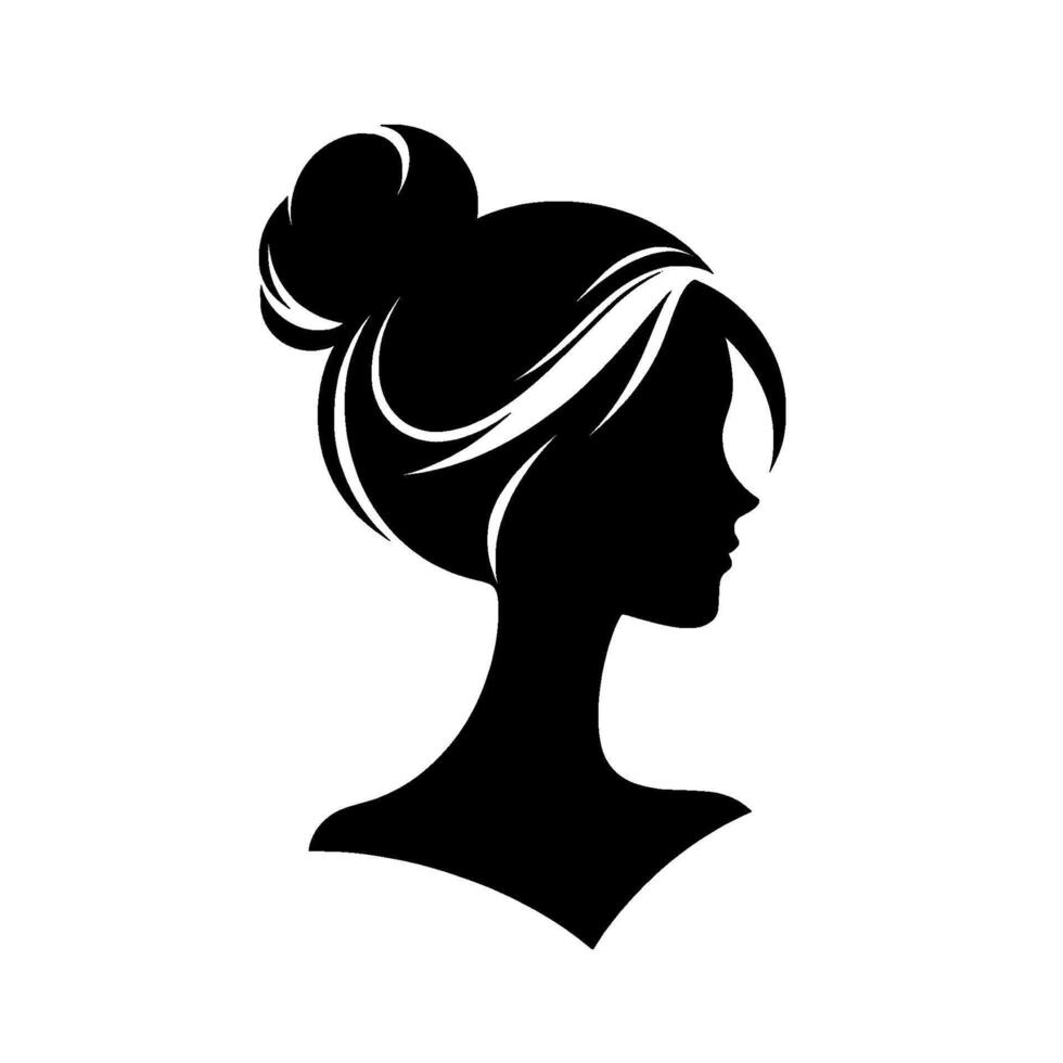 Elegant black silhouette of a woman with a high bun, highlighting her profile, against a white background. vector