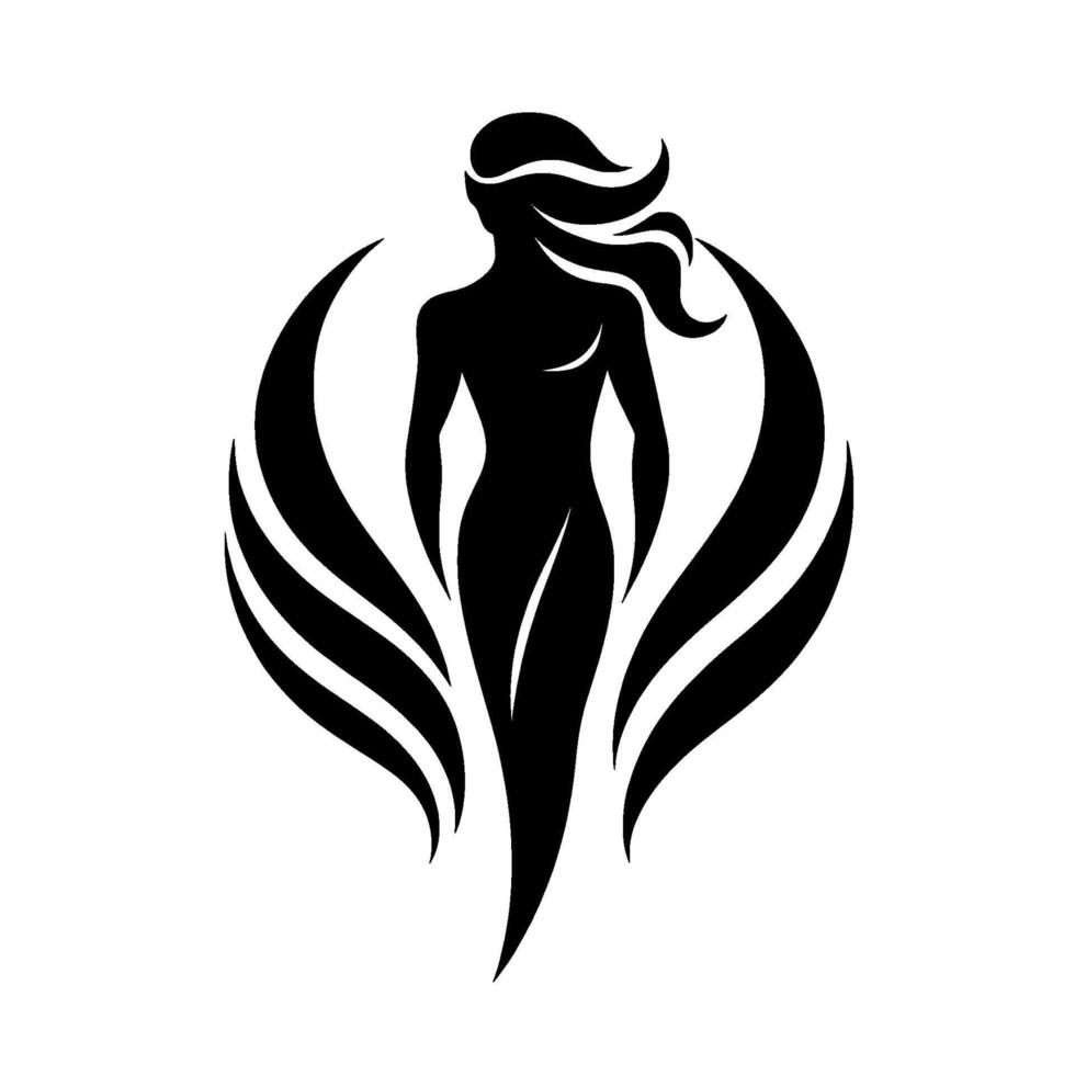Elegant black silhouette of a woman adorned with flowing hair and stylized winglike forms, evoking grace and strength against a clean white background. vector