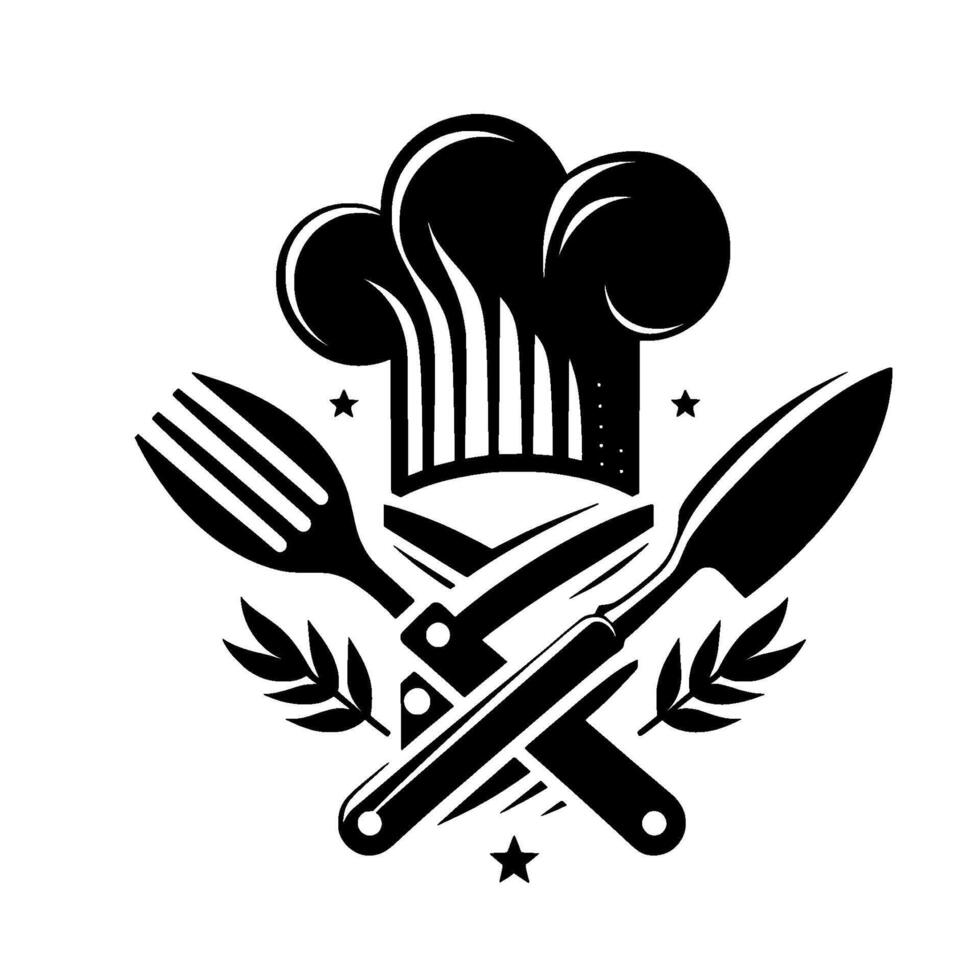 Elegant monochrome culinary emblem chef hat, crossed utensils forkknife, olive branches, and stars, representing gourmet cuisine. vector