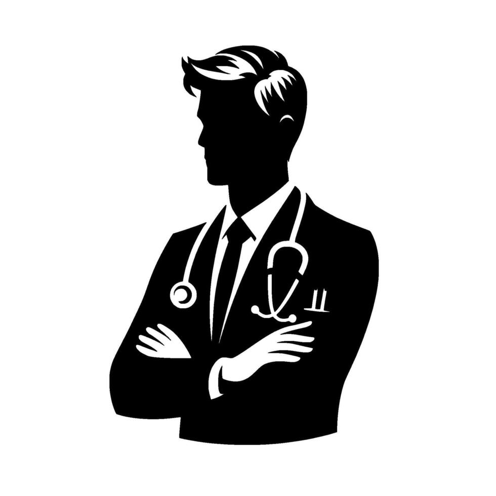 A confident silhouette of a doctor, arms crossed, wearing a stethoscope, embodying professionalism and expertise against a clean white backdrop. vector