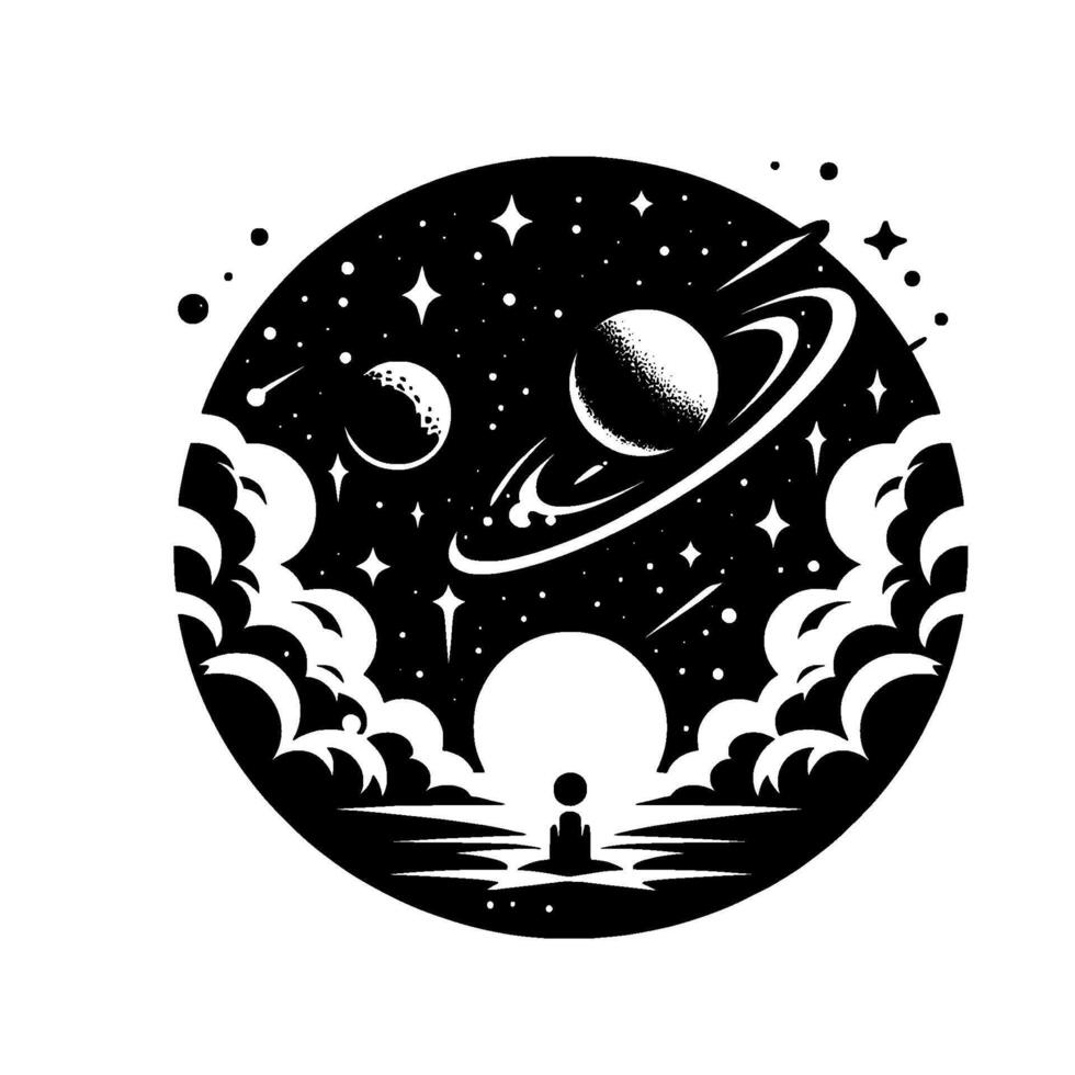 Cosmic meditator a silhouette of a figure seated in contemplation, gazing upon a celestial sphere featuring planets, stars, and cloud formations, all contained within a circular frame. vector