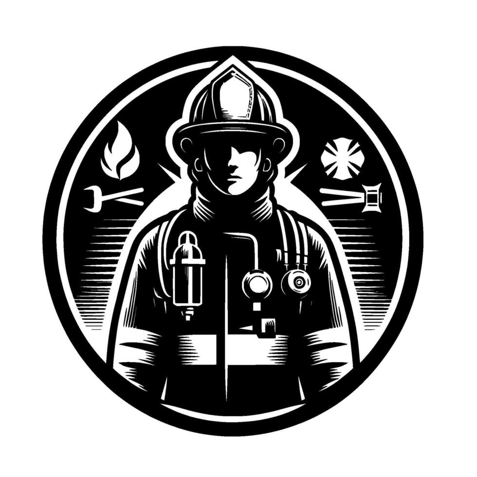 Bold black and white emblem a firefighter centered in a circular design, surrounded by tools of the trade and fire. vector