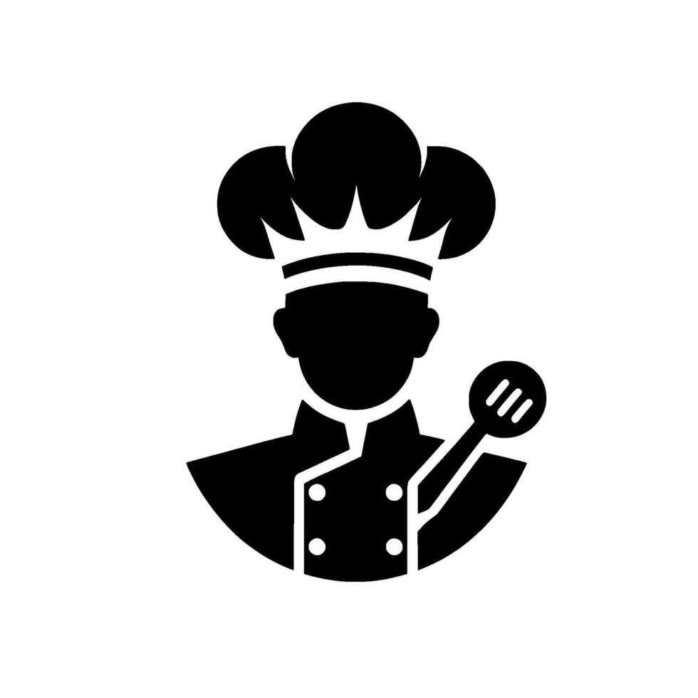 A minimalist black and white illustration of a chef, adorned with a crown and holding a spoon, signifying culinary expertise and regal cooking. vector