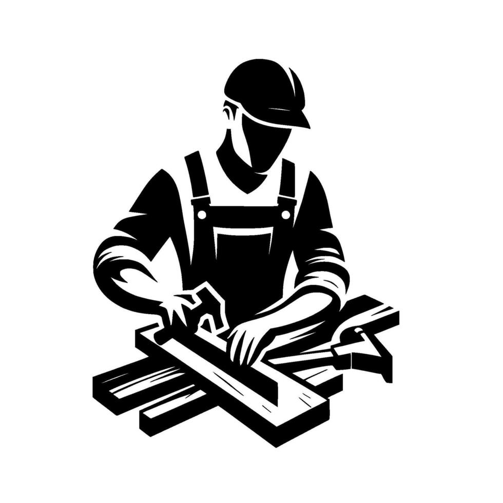 A stylized woodworker in overalls, wearing a hard hat, carefully planing wood with tools laid out, captured in a highcontrast monochrome illustration. vector