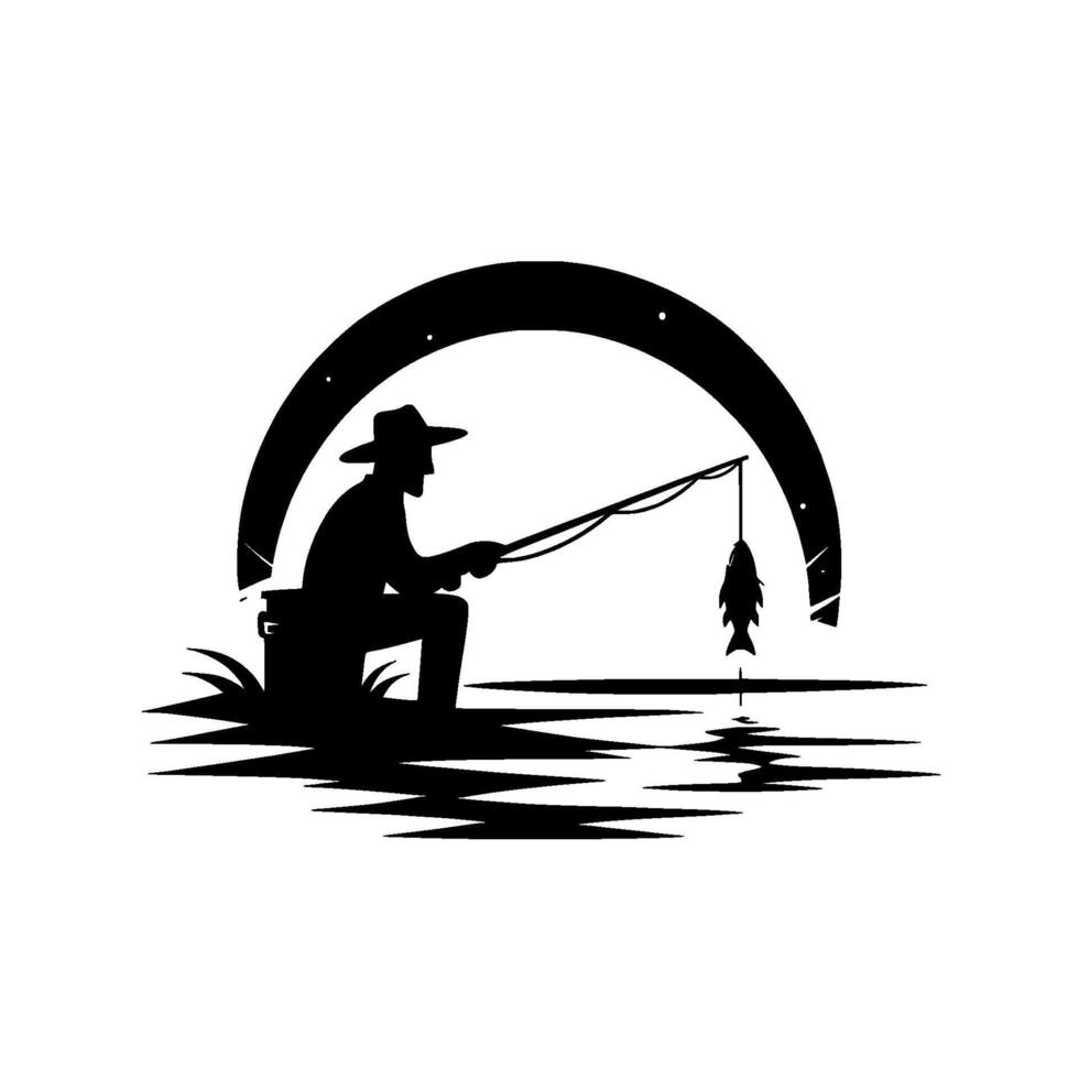 Silhouette of a fisherman in a hat, sitting and fishing with a fish on the line, under a stylized arched sky over water, black and white illustration. vector