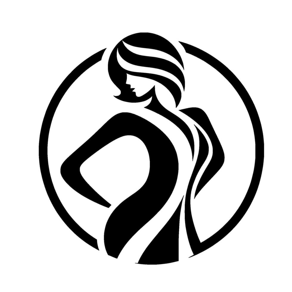 A stylized, black and white of a woman with a bob haircut, looking over her shoulder, contained within a circle, radiating sophistication. vector