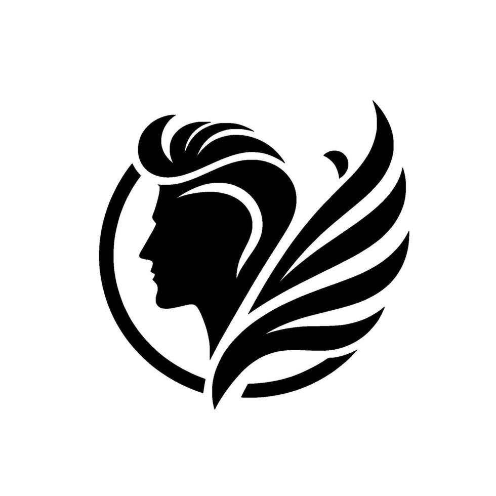 Stylized black silhouette of a winged mans head within a circle, featuring bold hair design, against a plain white background. vector