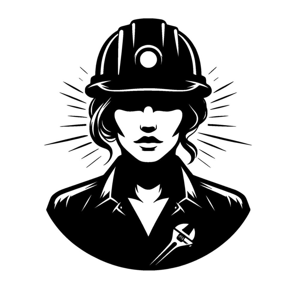 Empowering black and white silhouette a female construction worker with a hard hat, radiating confidence and skill, a wrenchadorned emblem vector