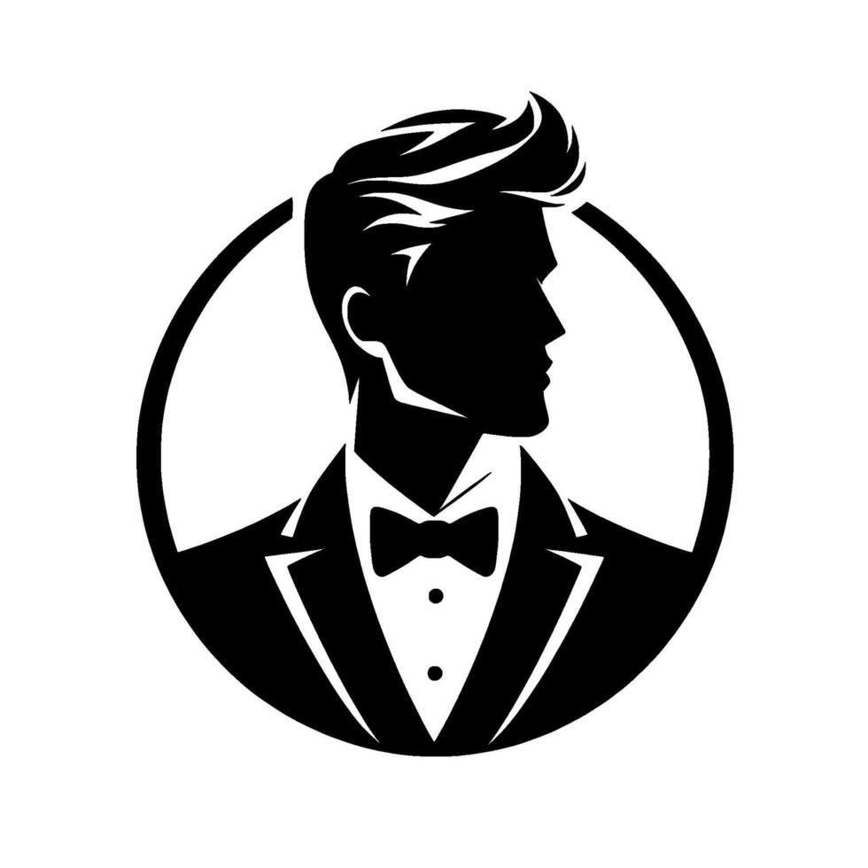 Sophisticated black and white silhouette dapper gentleman in tuxedo, enclosed within a circular frame, exuding classic style and elegance. vector