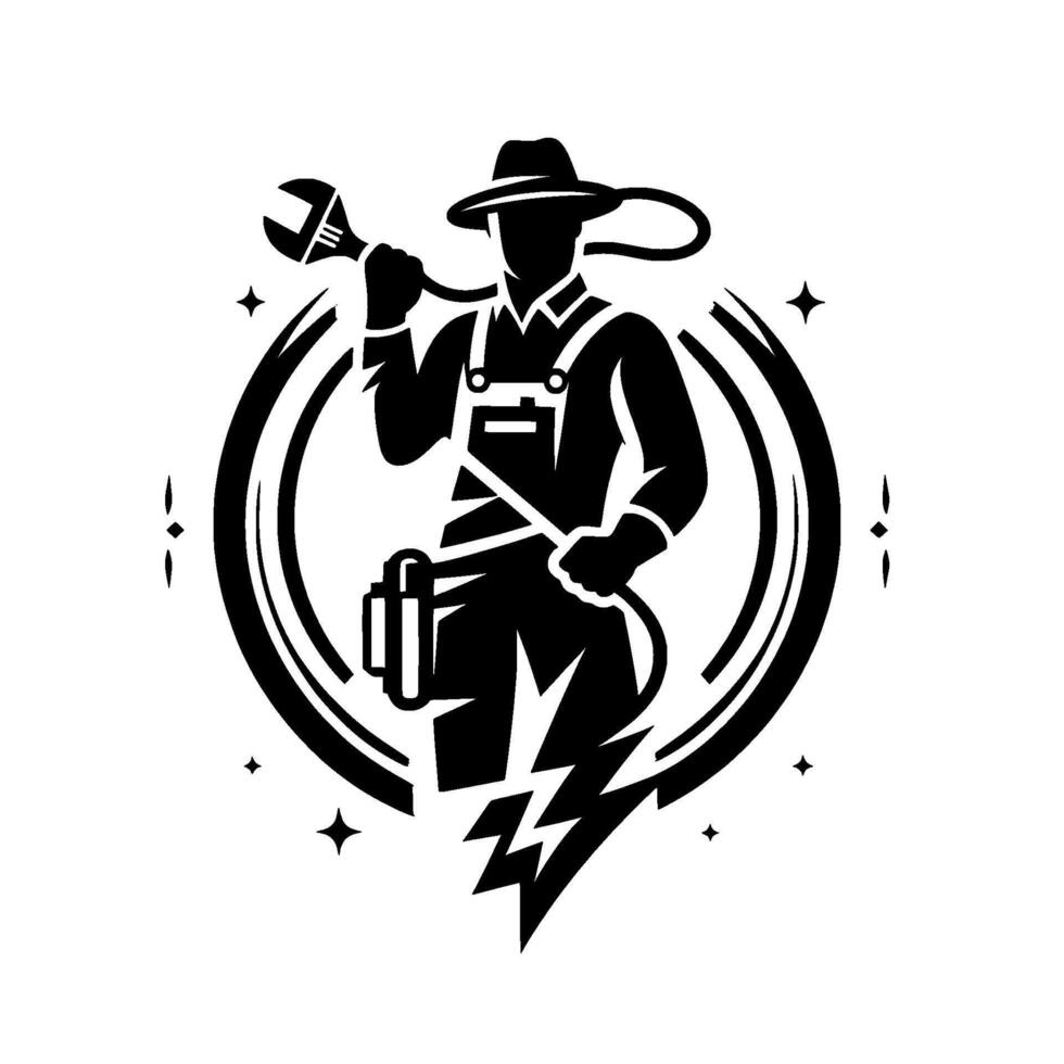 Silhouette of a cowboy electrician holding a wrench and cable, set within a stylized energy symbol and sparkling stars. vector