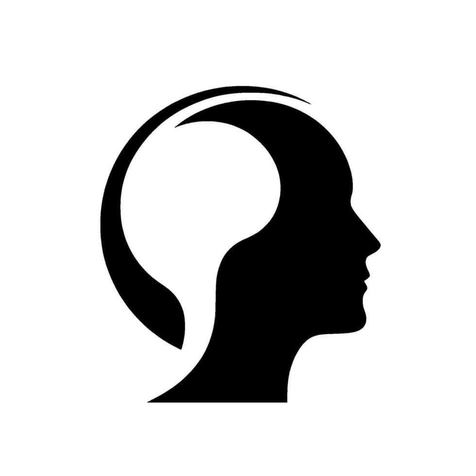 A minimalist black and white illustration depicting a profile of a human head, showcasing the inside as a brain or thought bubble. vector