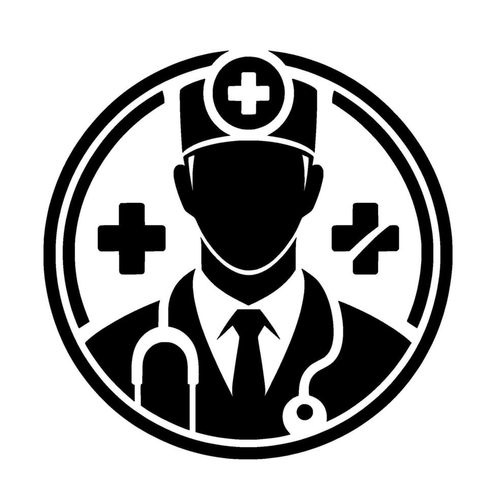 Monochromatic circular featuring a doctors silhouette, complete with a stethoscope, tie, and medical cross symbols, evoking medical expertise and care. vector