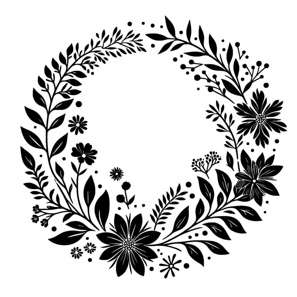 Black and white floral wreath a symmetrical composition of stylized flowers, leaves, and berries in a circular arrangement, exuding simplicity. vector