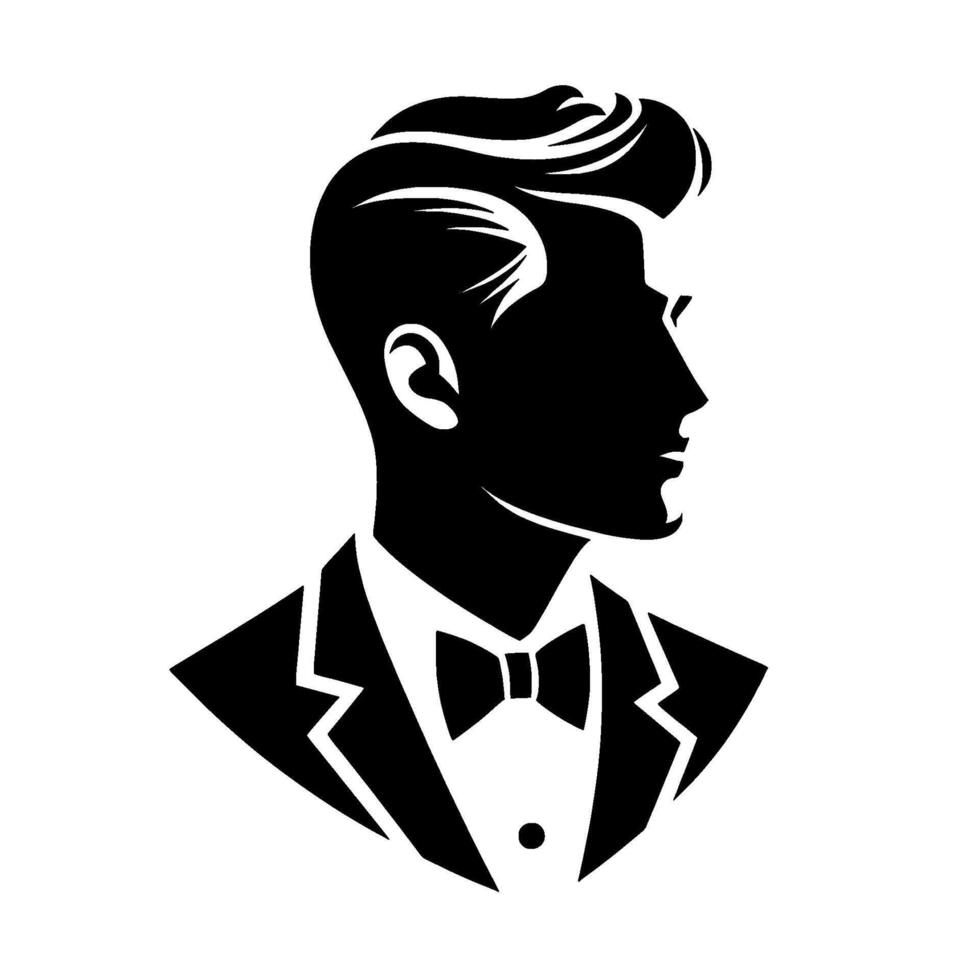 A silhouette portrait of an elegant gentleman, rendered in black and white, showcasing his profile and attire a bow tie, dress shirt, and suit. vector