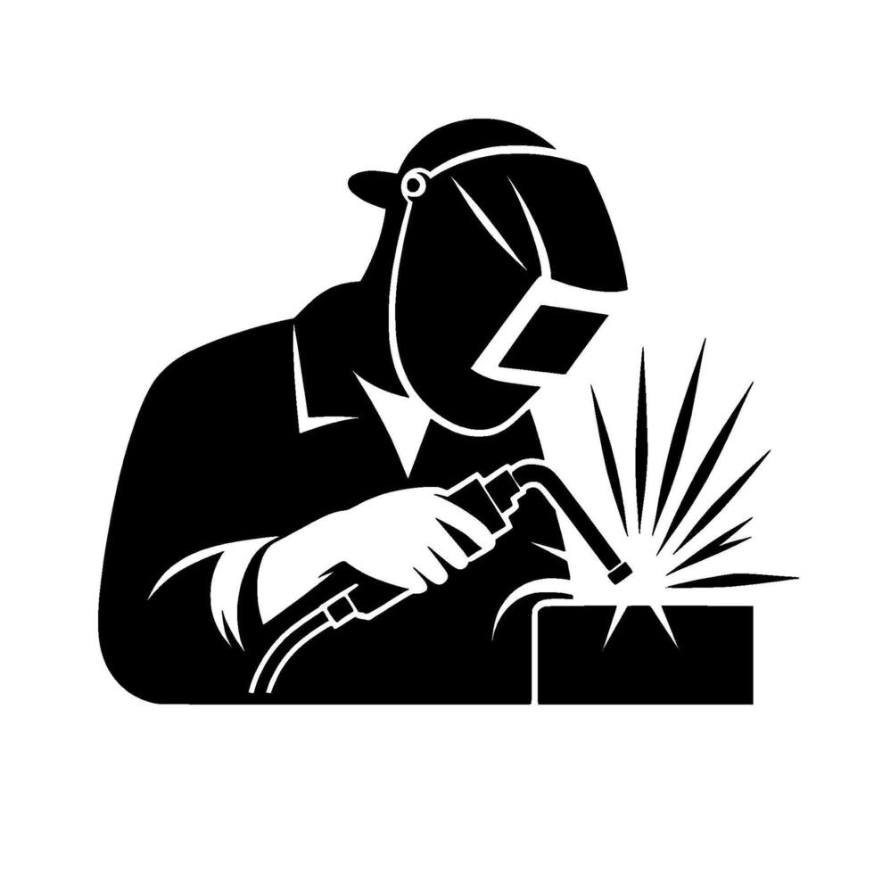 A stark black and white silhouette depicting a skilled welder, masked, focusing on the arc, with sparks radiating brightly from the weld. vector