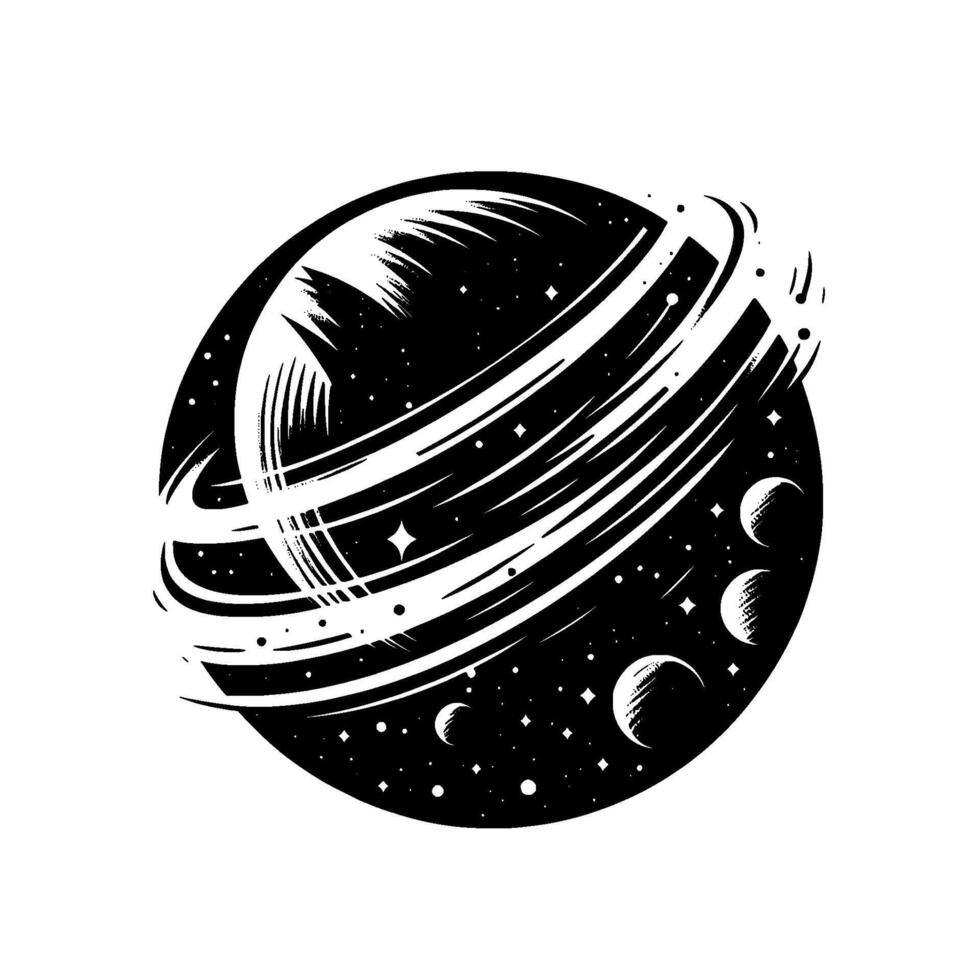 Monochrome cosmic artwork depicts a stylized planet with intricate rings surrounded by stars and smaller celestial bodies, exuding a sense of wonder. vector