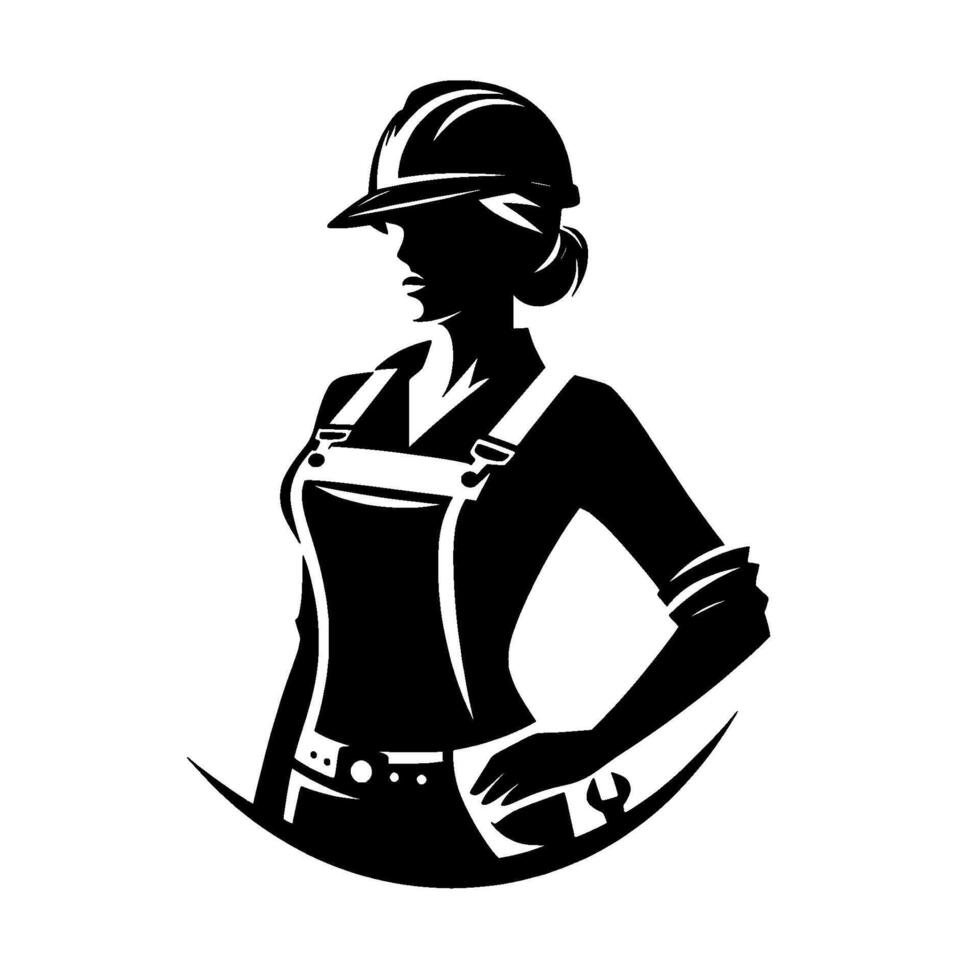Silhouette of a determined female construction worker, poised with confidence, wearing a hard hat and overalls, embodying strength and capability, stylized in stark black and white. vector