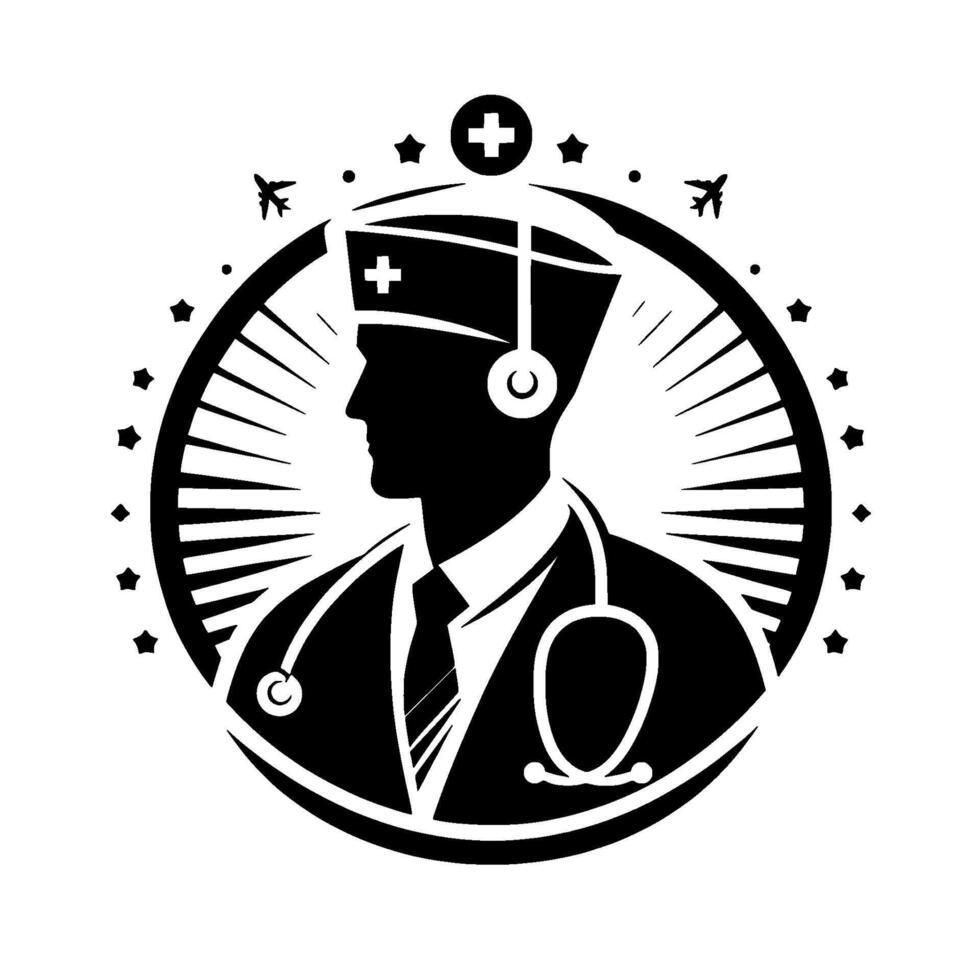 Silhouette of a medical professional profile inside a circle, featuring a stethoscope and cross, surrounded by star and airplane elements. vector