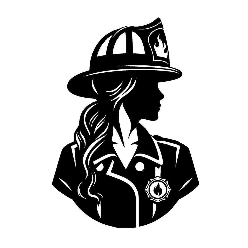 Silhouette of a female firefighter a profile portrait showcasing a woman wearing a fire helmet and jacket, highlighting her strength and dedication in a minimalist, blackandwhite design. vector