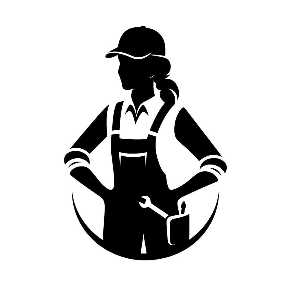 Bold silhouette of a confident female mechanic in overalls, cap and tools, representing skilled labor and empowerment within an artistic circle. vector