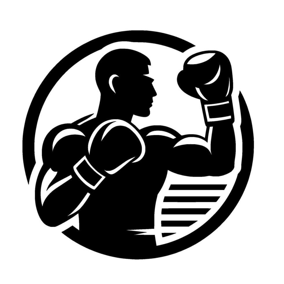 Silhouette of a muscular boxer in a defensive stance, encircled in a black and white within a circle, conveying strength and determination. vector