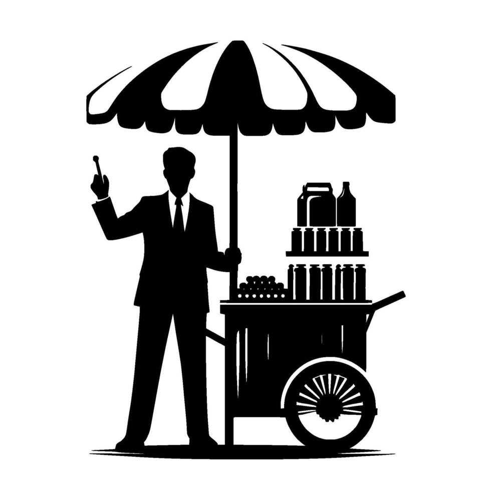 A silhouetted street vendor in a suit stands beside his cart, selling goods under a striped umbrella, in a retrostyled illustration. vector