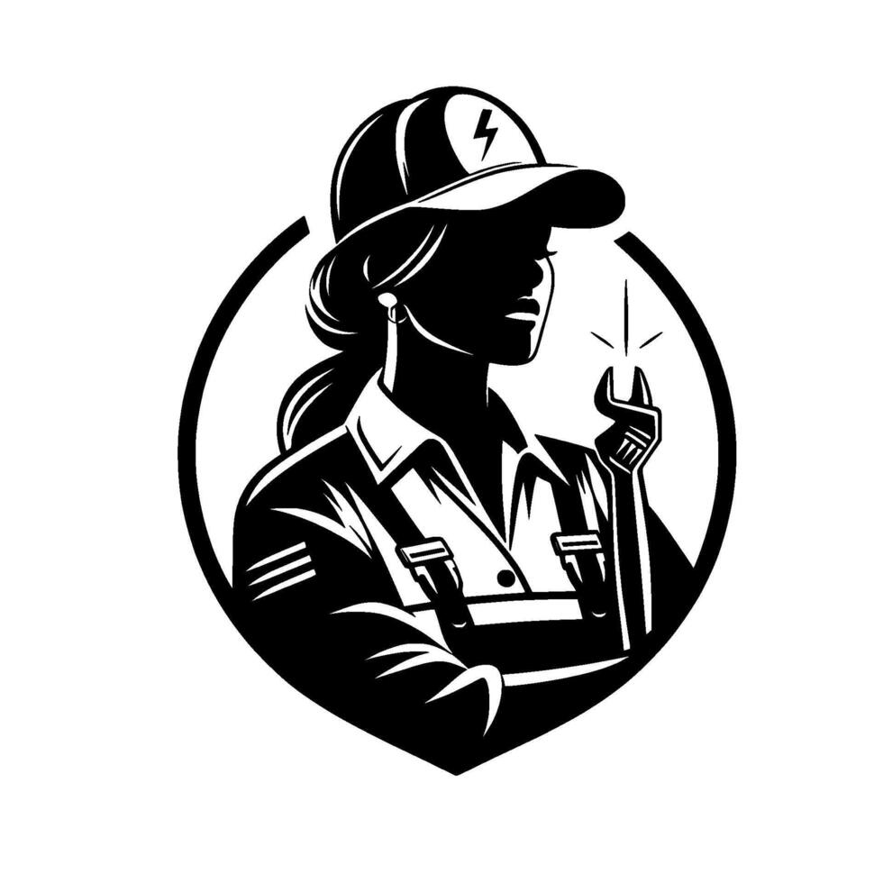 A striking silhouette of a female mechanic, poised in a circle, wearing a cap with a lightning bolt and holding a wrench, embodying strength and expertise. vector