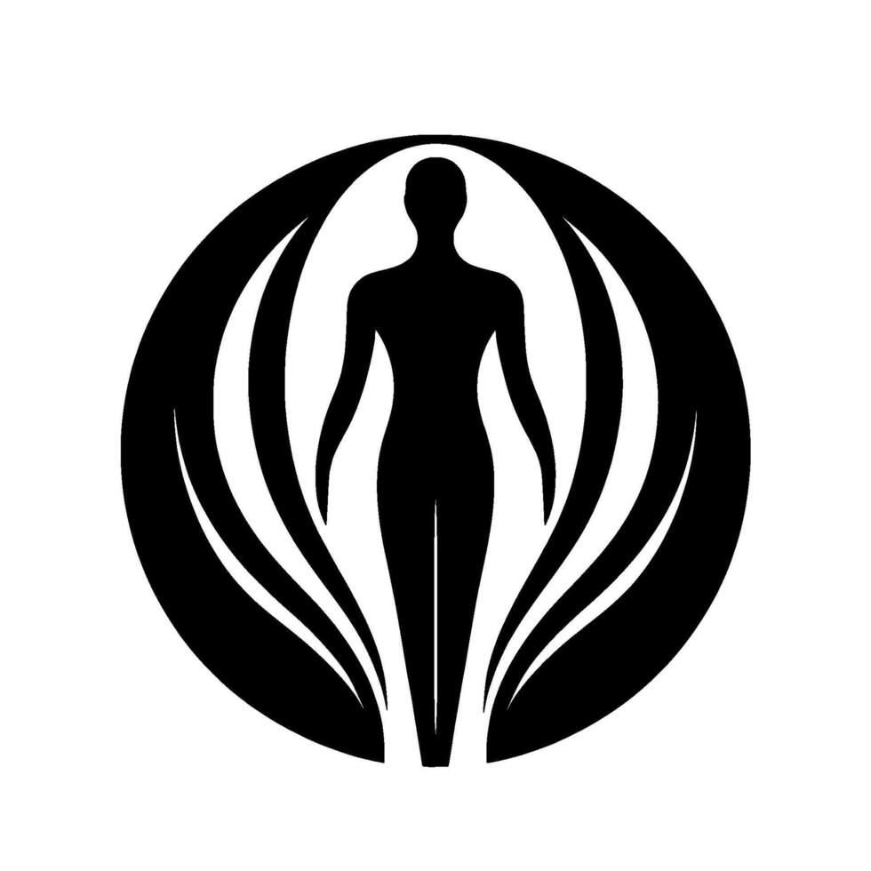 Silhouette of a human figure within a stylized, leaflike halo, rendered in stark black and white, suggesting balance and harmony. vector