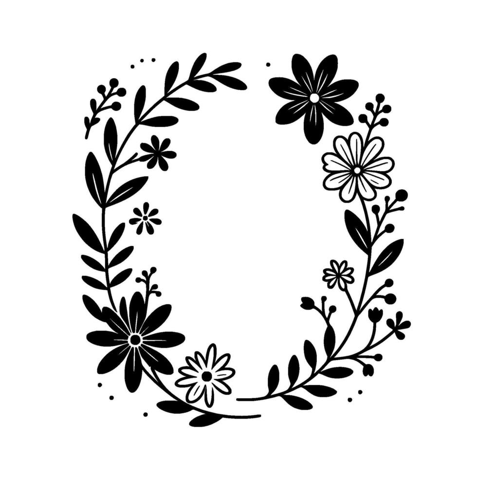 Elegant black and white floral wreath composition with detailed botanical illustrations forming an oval frame. vector