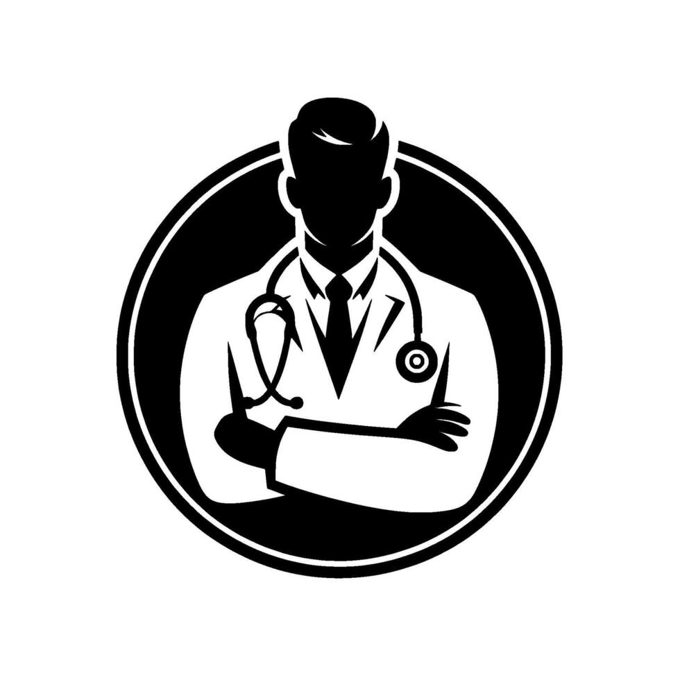 Silhouette of a doctor with arms crossed, framed in a circular emblem against a white background, medical icon. vector